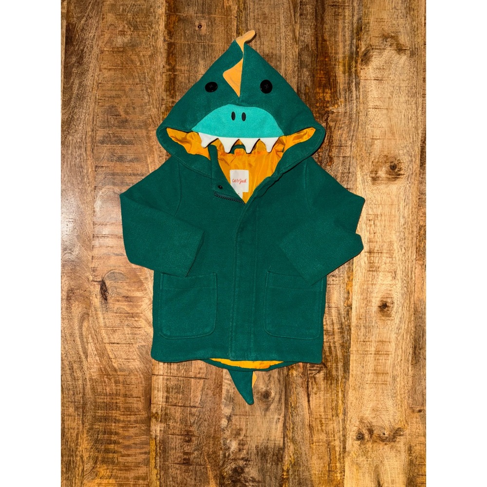 Cat & Jack Boys 2T Dinosaur Hooded Jacket Green Orange Dino Spikes Tail Coat